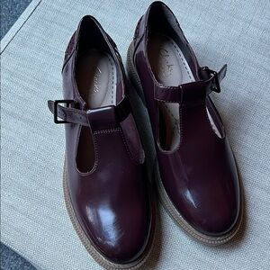 Clarks Burgundy T-Strap Mary-Jane flats